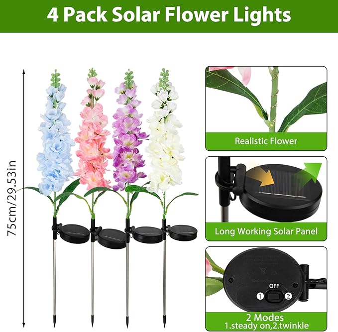 4 Pack Color Changing Solar Lights Outdoor Waterproof, Solar Delphinium Flower Stake Lights Auto ON/Off Solar Garden Lights for Spring Lawn Pathway Landscape Birthday Gifts for Mom Women Grandma