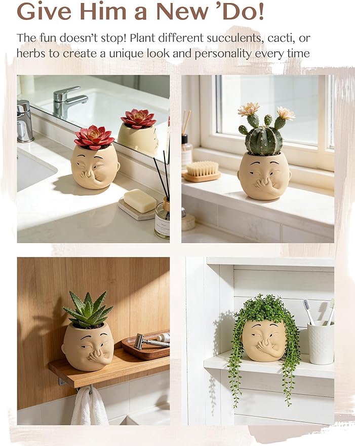 Funny Bathroom Planter Decor: Quirky Holding Nose Plant Pot Indoor for Bathroom Counter - Succulent Pot with Drainage - Unique Face Planter for Guest Bath room Counter Shelf Toilet Decoration