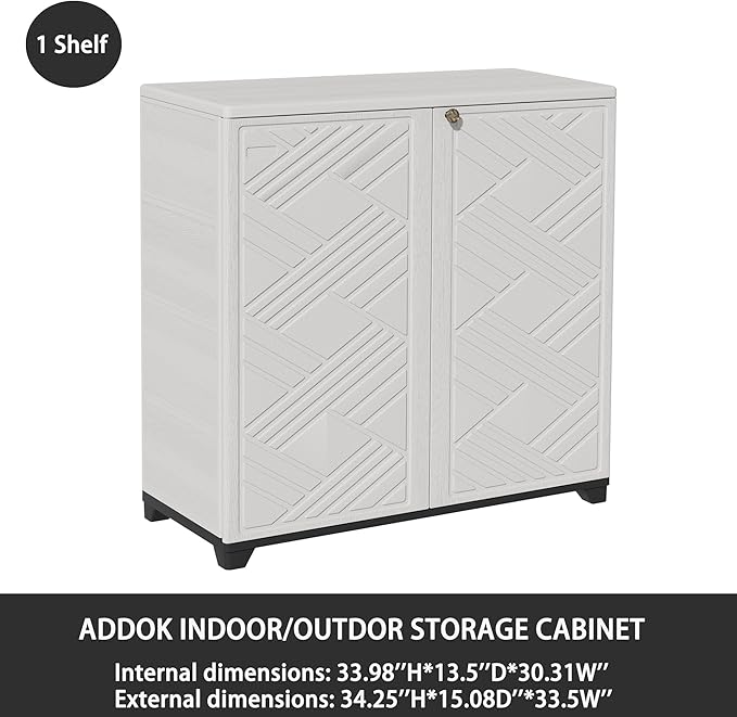 ADDOK Indoor Outdoor Plastic Storage Cabinet 34"x15"x34" with 1 Shelf, Outdoor Storage Shed for Living Room, Hallway, Balcony, Garage, Garden, Backyard-White
