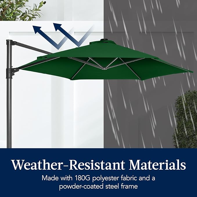 Best Choice Products 10ft Solar LED Offset Cantilever Hanging Market Patio Umbrella, Smooth 360° Rotation, 8 Sturdy Ribs, Easy Adjustment - Green
