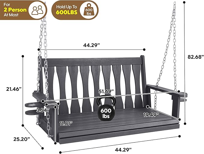 HIPS All-Weather Outdoor Hanging Porch Swing,2 Seat Hanging Swing Bench with Cup Holders,Patio Swing Chair with Hanging Chains for Courtyard & Garden