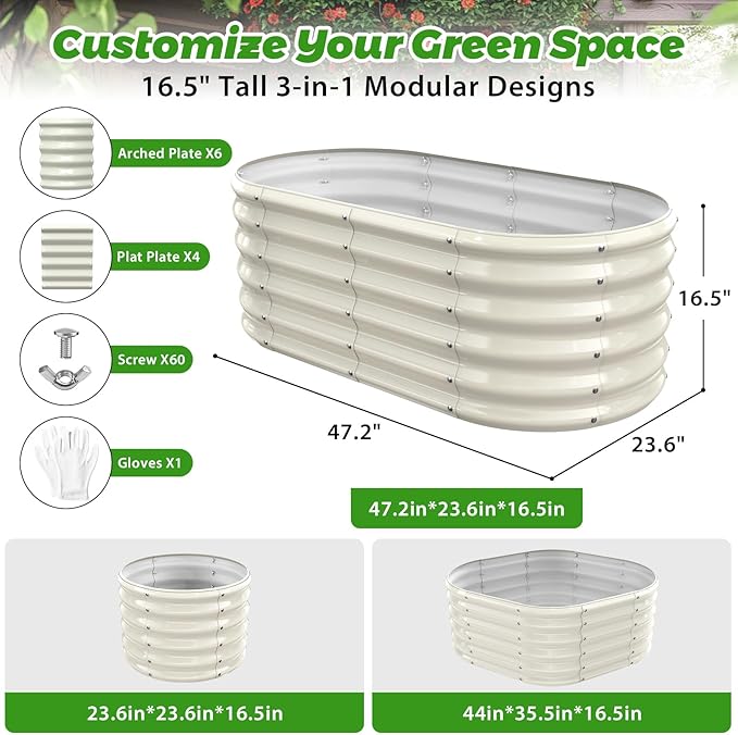 17" Tall Outdoor Garden Raised Garden Bed Kits, 4ft X 2ft Oval,0.8MM Thick Metal Raised Planter Bed/Ground Planter Box for Variety of Flowers,Herbs,Vegetables (Cream White, 48X24X16.5 Inches)