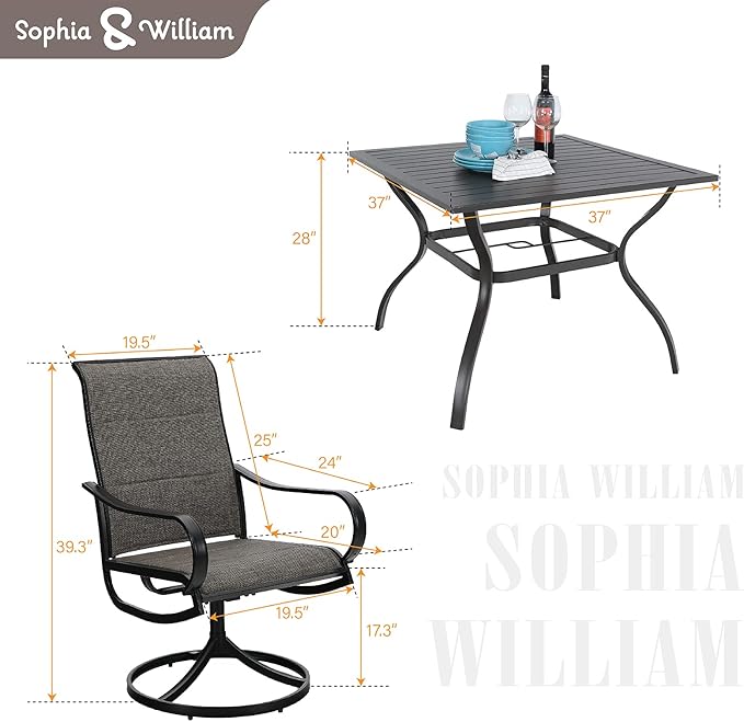Sophia & William Patio Dining Set 5 Pieces Outdoor Furniture Set for 4 Patio Swivel Chairs Textilene Padded with 1 Metal Umbrella Table 6 Person for Lawn Garden