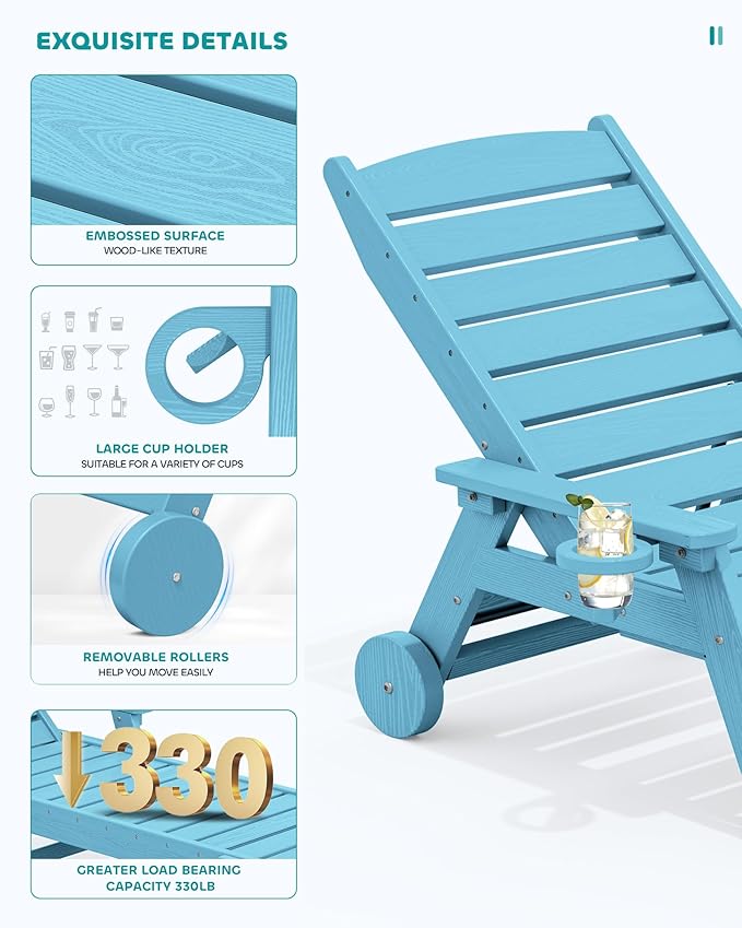 SERWALL Patio Chaise Lounge Chair Set of 2, 78'' Long 5-Positions Adjustable HDPE Outdoor Lounger for Pool, Poly Lounge Chair with Rolling Wheels & Cup Holder for Poolside, Deck, Light Blue