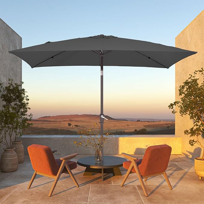 JEAREY 6.5x10 ft Rectangular Patio Umbrellas Rectangle Outdoor Umbrella with Push Button Tilt and Crank, Market Table Umbrella 6 Sturdy Ribs UV Protection for Poolside Garden Backyard Deck, Gray