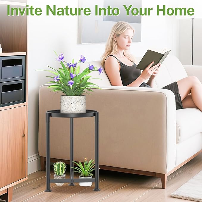 iDavosic.ly 1 Tier Corner Plant Stand Indoor, 16 Inch Tall Vertical Metal Flower Heavy Duty Pot Holder Shelf Outdoor for Patio Porch Living Room, Modern Black