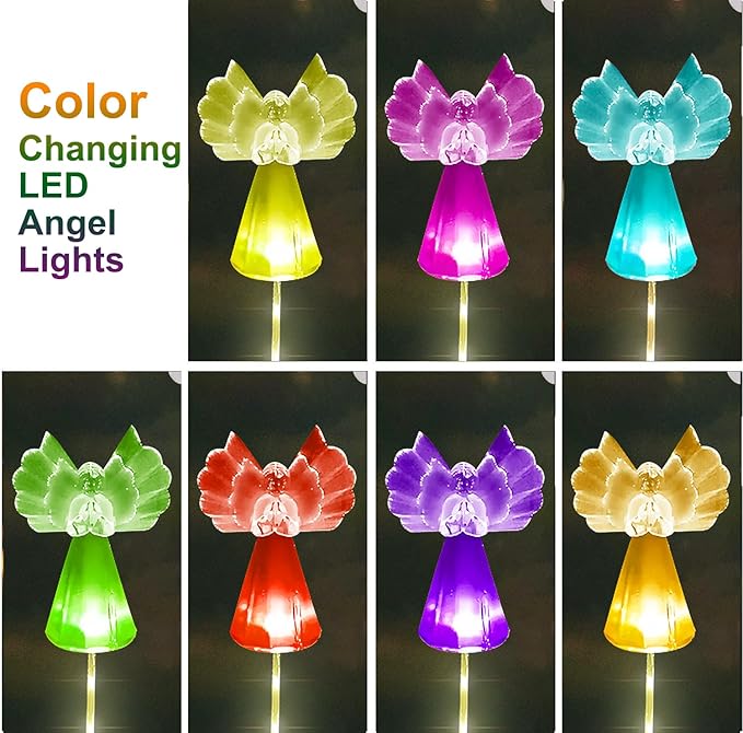 Solar Angel Lights Outdoor Decor - 2 Pack Decorative Color Changing Waterproof LED Angel Stake Lights for Cemetery Grave Garden Patio Yard Art Lawn Decoration, Grave Markers, Memorial Gifts