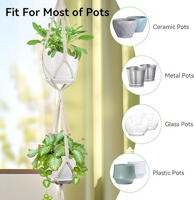USLAI Macrame Plant Hanger Indoor Outdoor, Fits 4 to 8 Inch Pots, Strong Hanging Planter Holder, Boho Home Decor, 49+72 Inch, Ivory (POTS NOT Included)