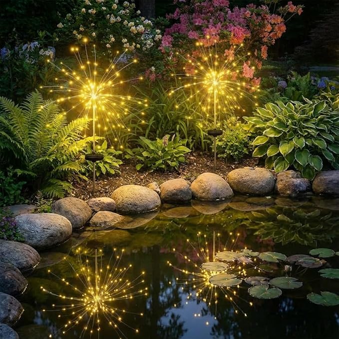 2 Pack Solar Firework Lights Outdoor - Verified 200 LED & 8 Modes - Starburst Solar Powered Garden Lights, Reinforced Durable Stakes, Waterproof Pathway Walkway Lights for Yard Patio Decor
