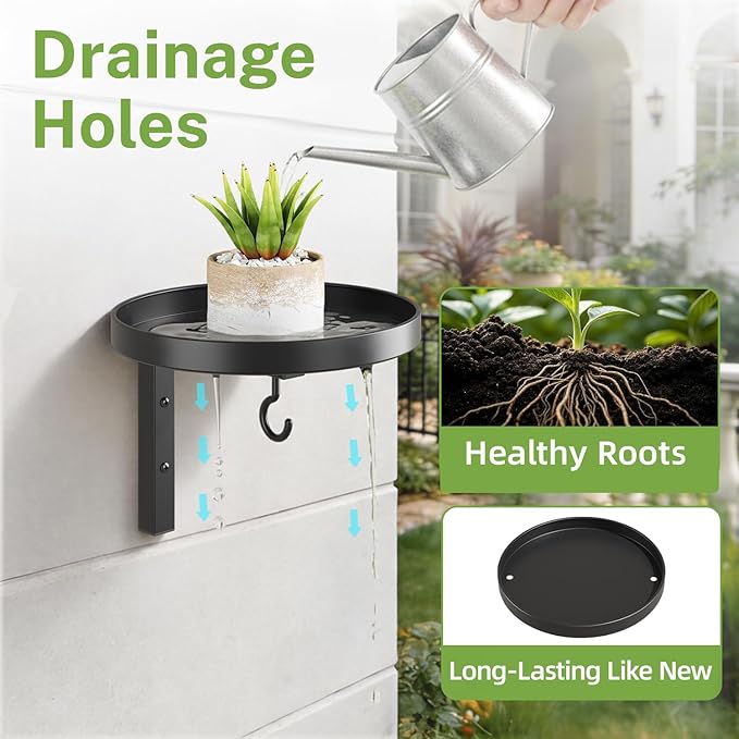 iDavosic.ly Wall Plant Holder Set of 2 for Outdoor with Drain Hole, Metal Hanger with 2 Hooks, Floating Flower Display Stand for Window, Space Saving & Easy to Assemble (Pots/Plants Not Included)