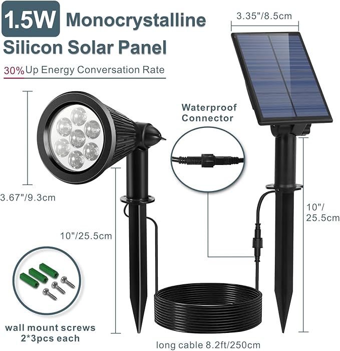 Solar Spotlight Outdoor, Bright 7-LED Flag Pole Spot Light with Separate Panel Waterproof, Dusk-to-Dawn Uplight Flagpole Lights, Landscape Ground Wall Solar Lighting for Tree, House (White, 2pcs)