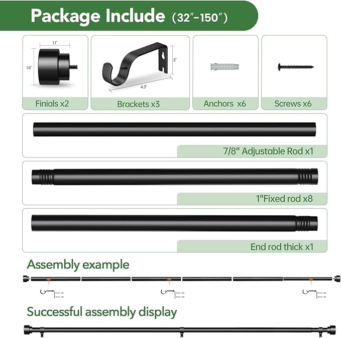 2 Pack Curtain Rods for Windows 72 to 144, 1 Inch Adjustable Black Heavy Duty Long Window Curtain Rod, Modern Style Indoor Outdoor Drapery Rods with End Caps, Size 32" - 150"