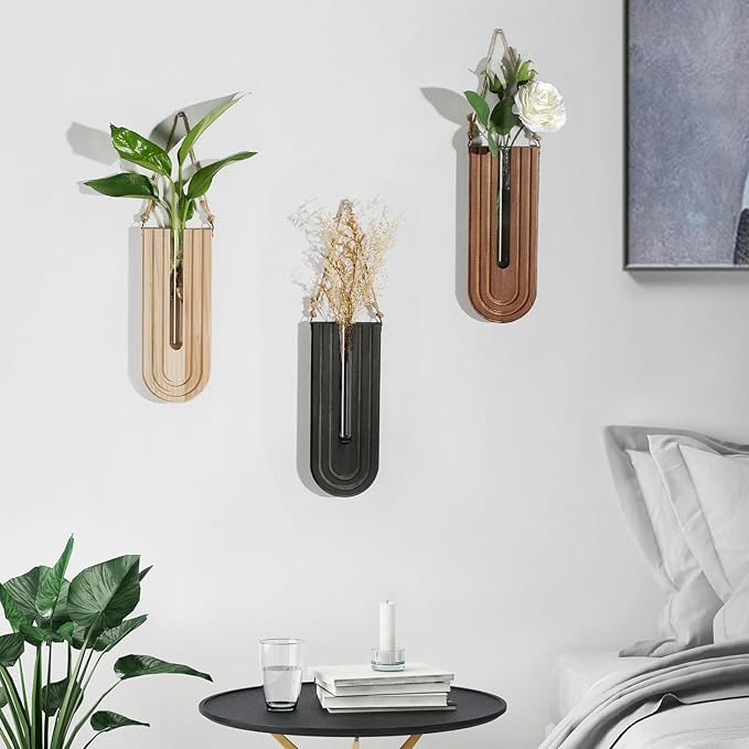 Indoor Wood Wall Planter Set of 3 for Plants - Boho Handmade Hanging Propagation Station with Curved Rainbow Design, Wall Mounted Vase for Flowers, Natural Home Decor Living Room Entryway