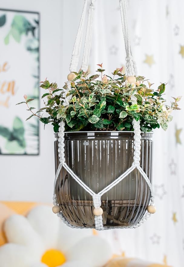 Melphoe Self Watering Hanging Planters for Indoor, 1 Pack 8.3 Inch Outdoor Hanging Plant Pot Basket, 2 Kinds of Plant Hangers Macrame 35.5’’ & Metal Chain 19.6’’ for Garden Home Decor