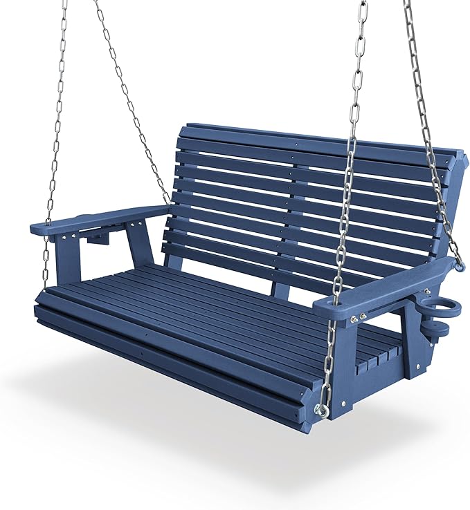 HDPE Porch Swing with 18/8 Stainless Steel Bolts, Ergonomic Design, Ultra Weather-Resistant, Heavy Duty 1200 LBS, for Outdoor Patio Garden Yard (Navy Blue)