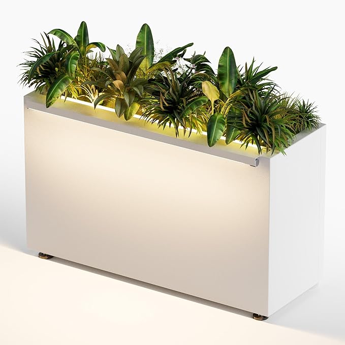 GSK 30" L White LED Metal Planter with Light Outdoor Illuminate Magnetic 3000K Lighting Strips Rectangular Flower Box Rectangle Trough Drainage Holes Indoor Patio Balcony Garden