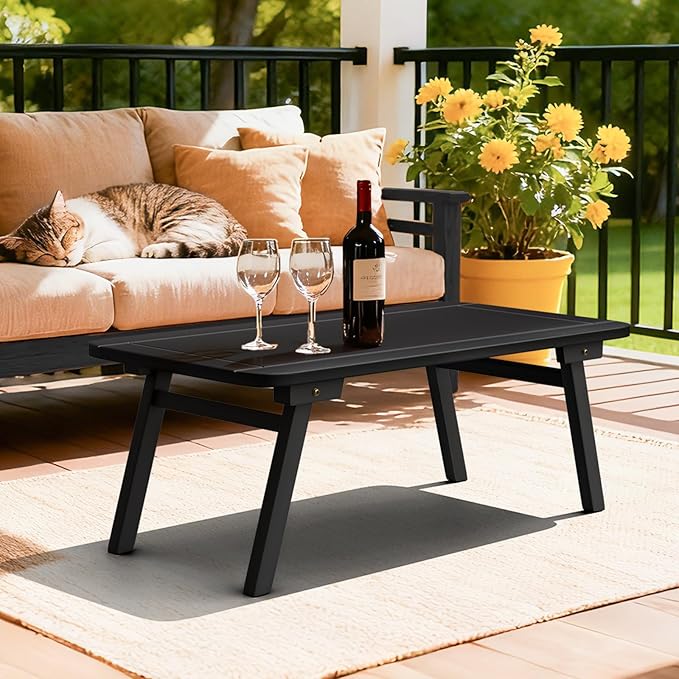VINGLI Outdoor Folding Coffee Table, Natural Poplar Wood Patio Coffee Table, No Assembly Required, Ideal for Balcony, Porch, and Living Room, Oval, Black