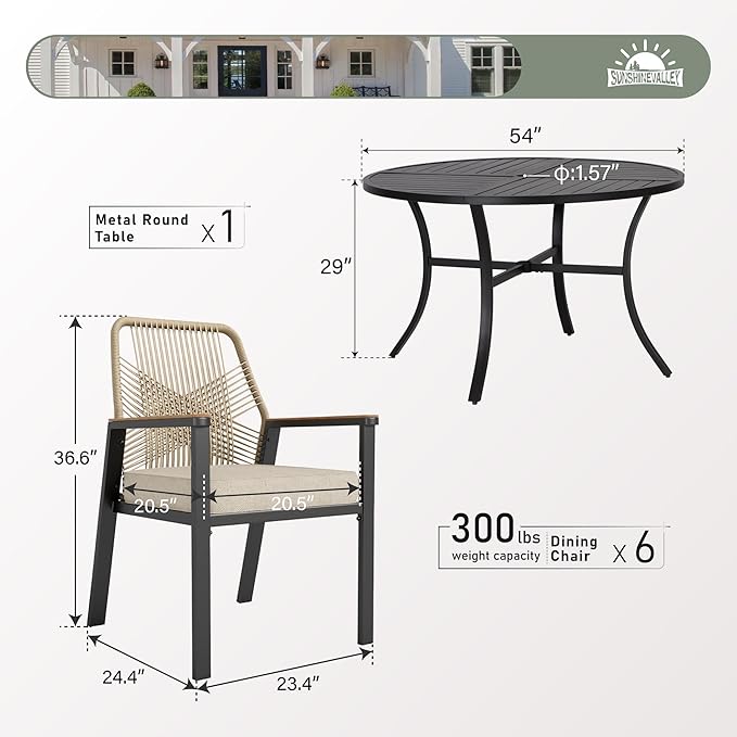7 Pieces Patio Dining Set, 6 x Woven Rattan Chairs with Waterproof Cushion, 54” Metal Round Dining Table with Umbrella Hole, Outdoor Table and Chairs Set for Backyard Lawn and Deck
