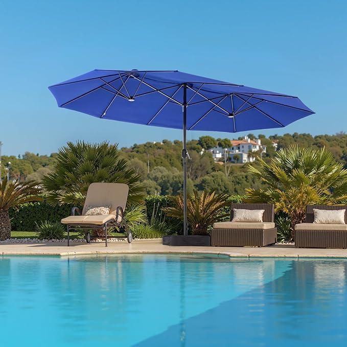 DUMOS 15FT Large Patio Umbrella with Base Included, Heavy Duty Extra Wide Outside Umbrella with 12 Ribbed Bars, Rectangle Outdoor Table Umbrella for Patio, Backyard, Pool, Deck & Garden, Blue