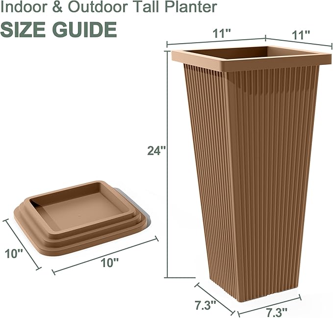 Set of 2 Large Planters for Outdoor Plants 24" Tall Tapered Modern Flower Pots with Drainage Tray for Garden, Patio, Porch (Brown Ribbed)