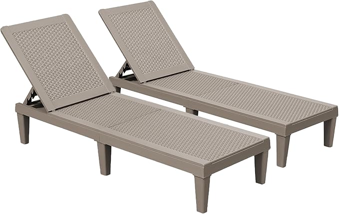 Devoko Outdoor Chaise Lounge Chair Set of 2 for Outside Pool Patio, Adjustable Waterproof Easy Assembly Chaise Lounge Outdoor (Light Brown, Set of 2)