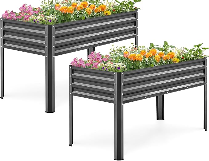 KING BIRD Large Raised Garden Bed with Legs Galvanized Elevated Planter Box 48×24×32 in for Backyard, Patio, Balcony, 400lb Capacity, Dark Grey 2pcs