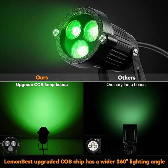 LemonBest Outdoor Water-Resistant LED Lawn Garden Landscape Lamp Wall Yard Path Patio Lighting Spot Lights Green AC Spiked Stand with Power Plug (1)