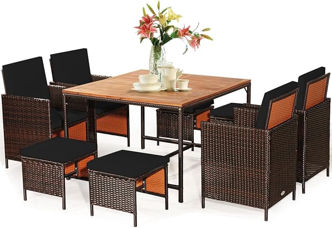 Tangkula 9 Pieces Acacia Wood Patio Dining Set, Space Saving Wicker Chairs and Wood Table with Umbrella Hole Outdoor Furniture Set, Suitable for Garden, Yard, Poolside, Outdoor Seating Set (Black)