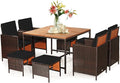 Tangkula 9 Pieces Acacia Wood Patio Dining Set, Space Saving Wicker Chairs and Wood Table with Umbrella Hole Outdoor Furniture Set, Suitable for Garden, Yard, Poolside, Outdoor Seating Set (Black)