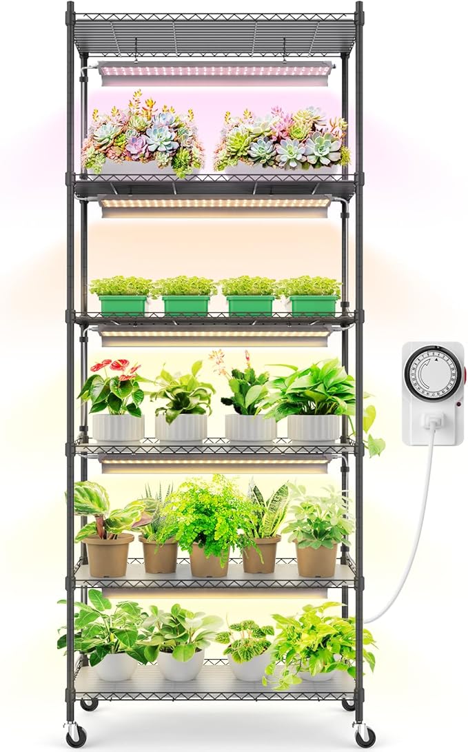 Barrina CX2 Plant Stand with Grow Lights for Indoor Plants, 6-Tier Metal Plant Shelf Display Rack with 2FT 150W Full Spectrum Plant Light, 3 Adjustable Spectrum, Timer, for Growing, 29.5x13.8x71IN