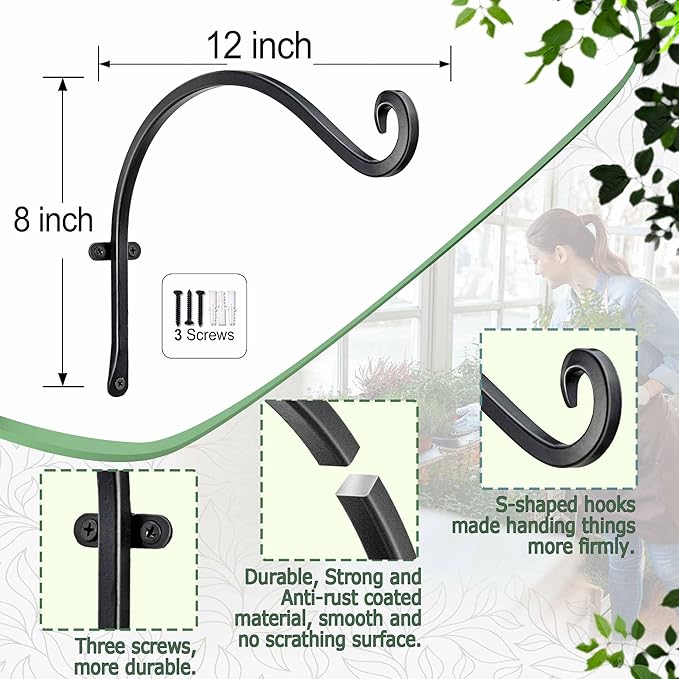 Qiang Ni Bird Feeder Hanger: 12-Inch Wall-Mounted Plant Bracket Outdoor - 4 Pieces Black Plant Hooks for Hanging Flower Baskets