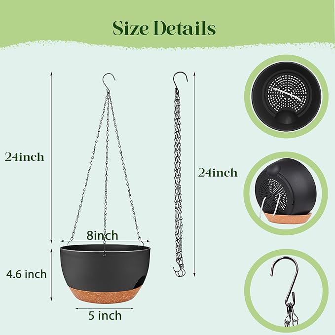 Set of 2-8 Inch Self Watering Hanging Planters for Indoor Outdoor，Hanging Plant Pots with Drainage & Removable Tray, Hanging Pots Holder for Ivy, Pothos, Ferns, Balcony & Patio, Black Brown