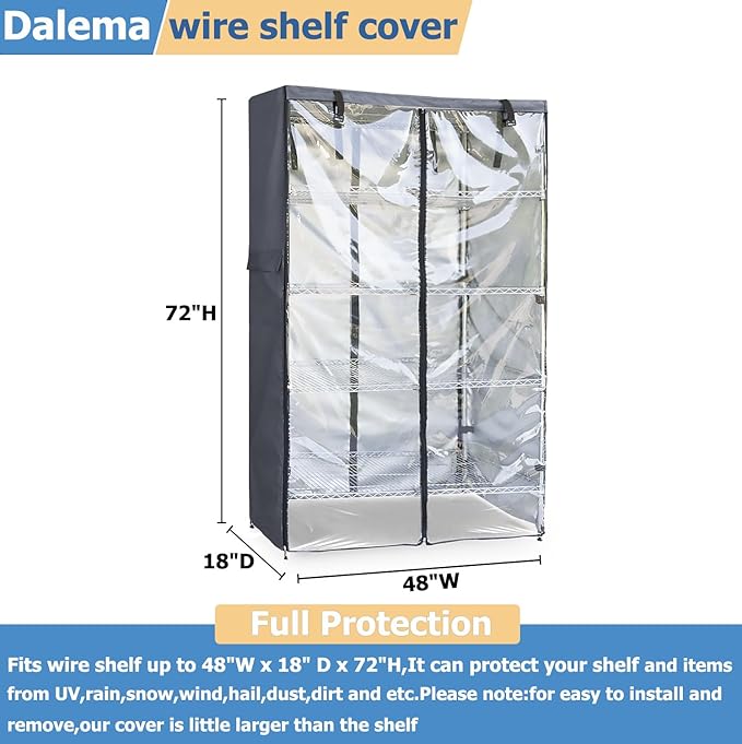 Waterproof Shelf Cover,600D Heavy Duty Dustproof Storage Wire Rack Covers,Outdoor Shelving Covers for Wire Shelves with Zipper 48''x18''x72'',Clear Front.