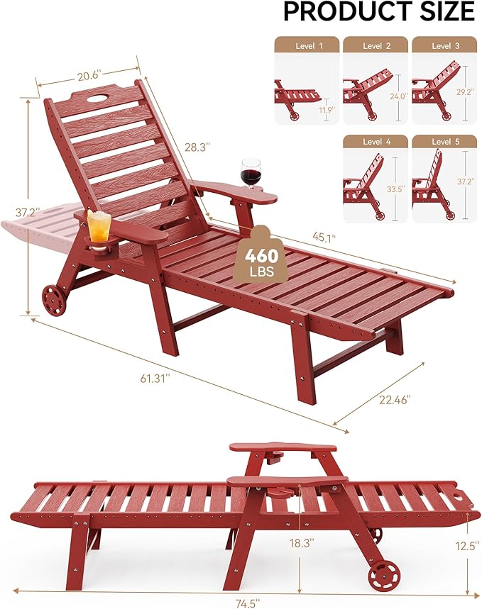Carauci Lounge Chair Outdoor, HDPE Chaise Lounge with Wheels, 5-Position Adjustable Backrest & 2 Cup Holders Patio Lounge Chair, All-Weather Pool Sun Lounger for Poolside, Backyard, Red