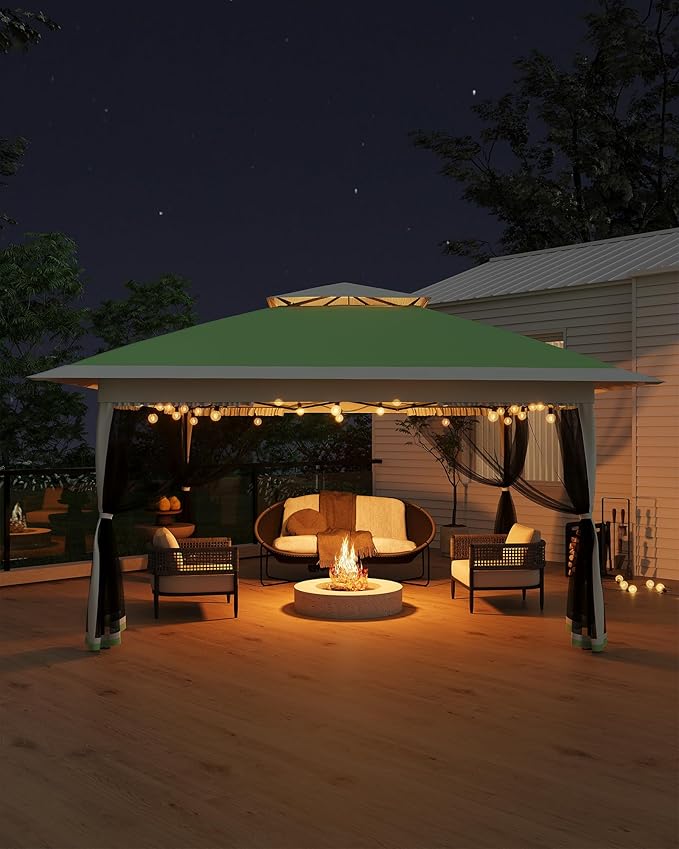Canopy Tent 12x12 ft, Pop Up Gazebo One-Push Setup with 4 SandBags for Backyard Parties and BBQs, Mosquito Netting & Height Adjustable - Olive Green