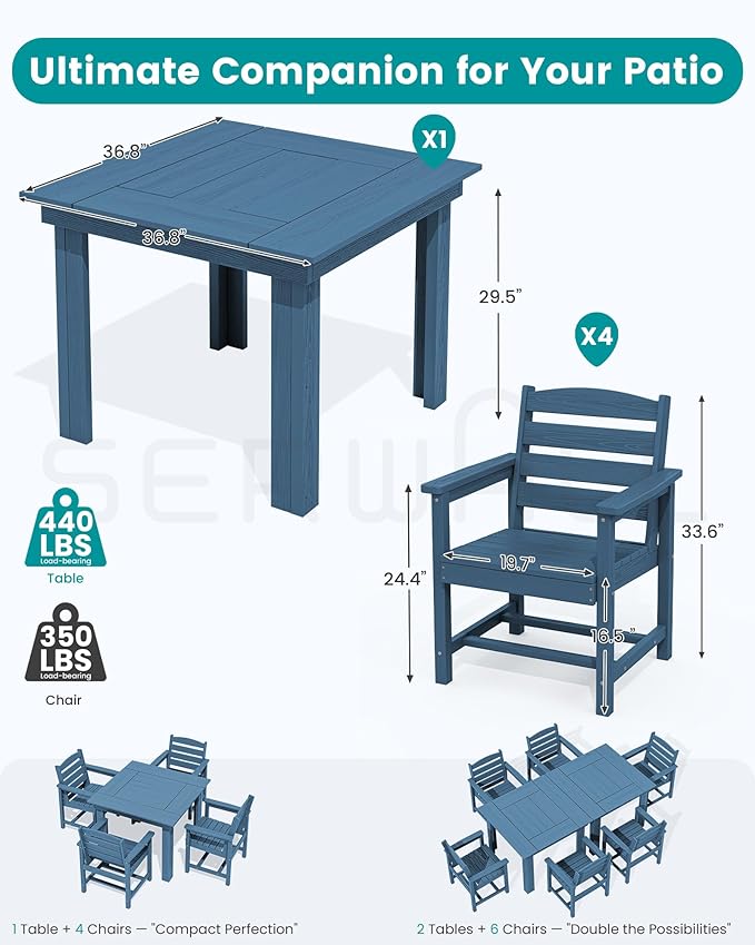 SERWALL Outdoor Dining Set for 4, HDPE Square Table and Chairs Set All Weather Patio Dining Set, 5-Piece Patio Dining Furniture for Deck, Blue