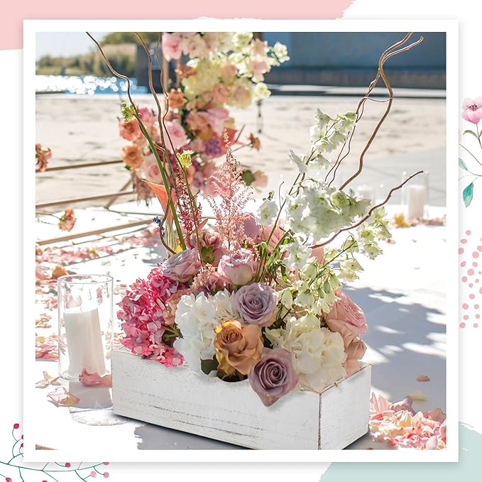 Dandat 4 Set Wood Boxes for Centerpieces 12x4 Inch Rectangle Wooden Planter Box Rustic Wooden Planters with Removable Plastic Liner Floral Foam Blocks for Christmas Wedding Home Garden Decor(White)
