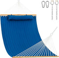 Lazy Daze 12 FT Double Quilted Fabric Hammock with Spreader Bars and Detachable Pillow, 2 Person Hammock for Outdoor Patio Backyard Poolside, 450 LBS Weight Capacity, Dark Blue/Natural