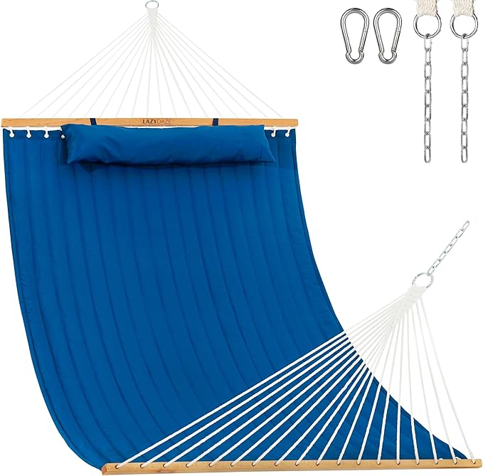 Lazy Daze 12 FT Double Quilted Fabric Hammock with Spreader Bars and Detachable Pillow, 2 Person Hammock for Outdoor Patio Backyard Poolside, 450 LBS Weight Capacity, Dark Blue/Natural