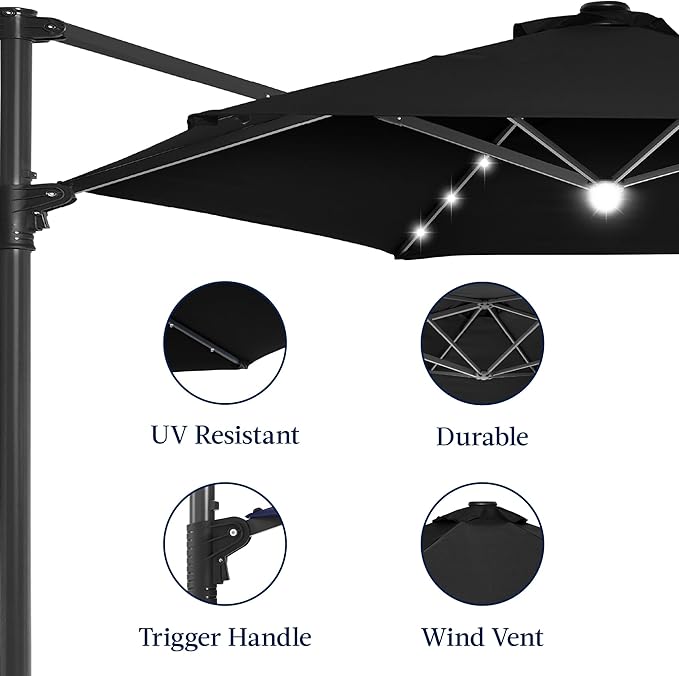 Best Choice Products 10ft Solar LED Offset Cantilever Hanging Market Patio Umbrella, Smooth 360° Rotation, 8 Sturdy Ribs, Easy Adjustment - Black