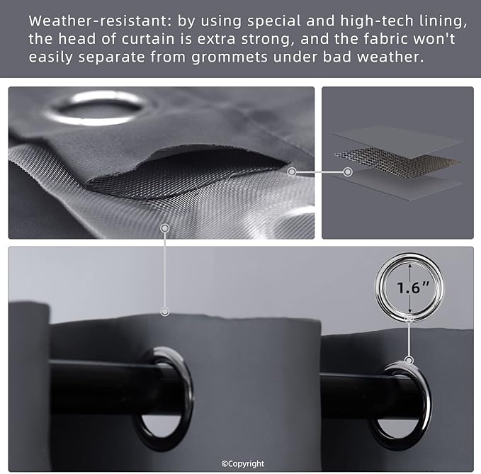 Outdoor Indoor Curtains W52 x L132 for Patio - Weather-resistant Window Panels Privacy Protect Grommet Top Thermal Insulated Home Curtain for Porch Pergola Lawn Garden Hot Tub Area (Gray, 2 Panels)