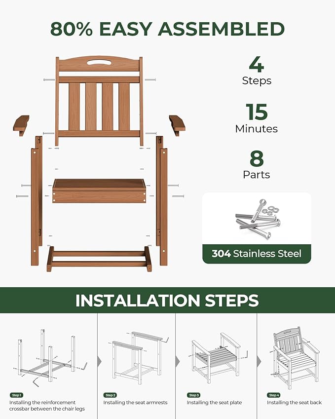 Set of 2 Weatherproof Patio Chairs - HDPE Outdoor Dining Chairs with Wide Seat, Ergonomic Design - for Garden, Backyard, Deck - Teak