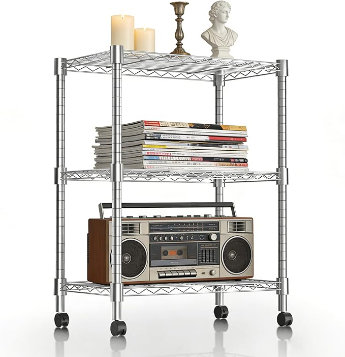 Xcity Storage Shelves, 3 Tier Heavy Duty Metal Shelving Unit with Wheels, 1050 LBS Capacity Adjustable Steel Wire Shelf Organizer for Pantry, Kitchen, Garage, 14" D x 24" W x 30" H, Chrome