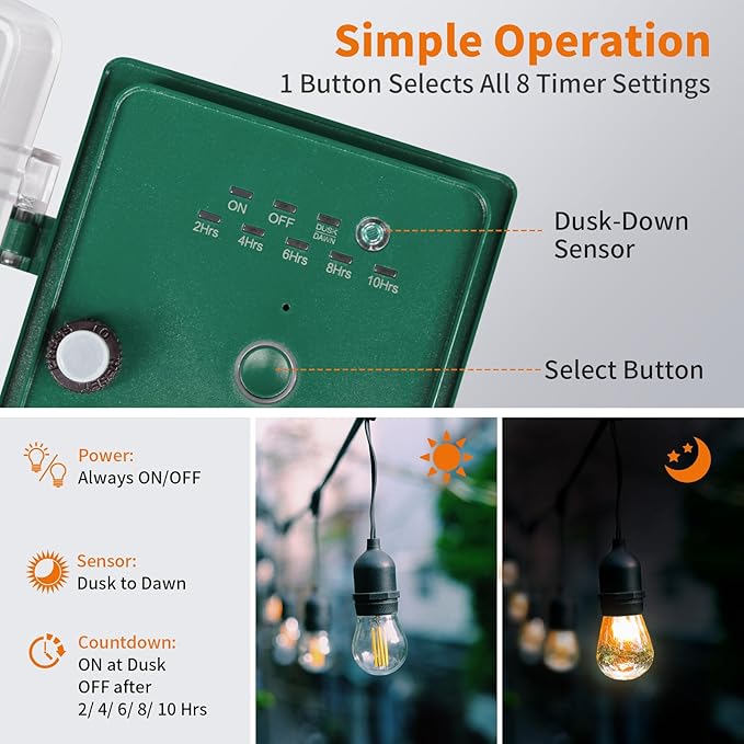 SURAIELEC Outdoor Power Stake, Dusk to Dawn Light Timer, 6 Electrical Outlet Power Strip Waterproof, 6FT Extension Cord for Patio Lights, Sprinkler, Garden, Christmas Decorations, Outdoor Light