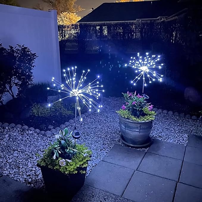 JJGoo Solar Firework Lights, 2 Pack 135 LEDs 2 Lighting Modes Solar Lights Outdoor Waterproof for Garden Patio Walkway Pathway Party Wedding Christmas Decorative - White