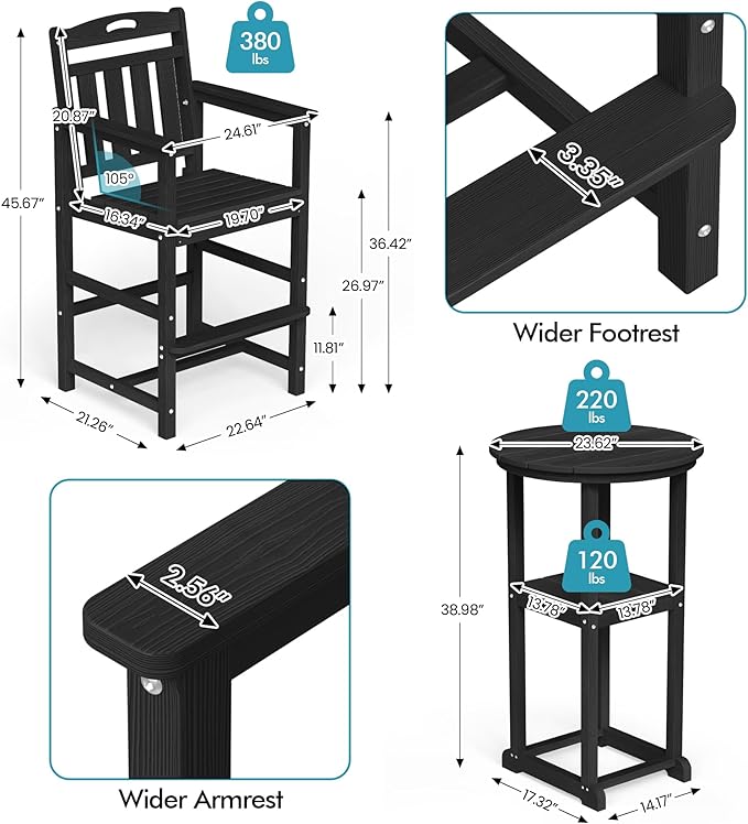 Ciokea 3-Pcs Bistro Table and Chairs, All-Weather Round High Top Bar Table with Storage Shelf and 2 Oversized Adirondack Chairs, Heavy Duty Outdoor Bar Set Patio Bistro Set for Balcony Deck, Black