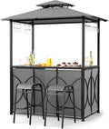 Tangkula 3-Piece Patio Bar Set, Grill Gazebo & 2 Bar Stools with Tempered Glass Bar Table, Metal Storage Shelves, Glass Holders, Double-Tier Soft Top Canopy BBQ Gazebo Shelter for Patio Garden (Grey)