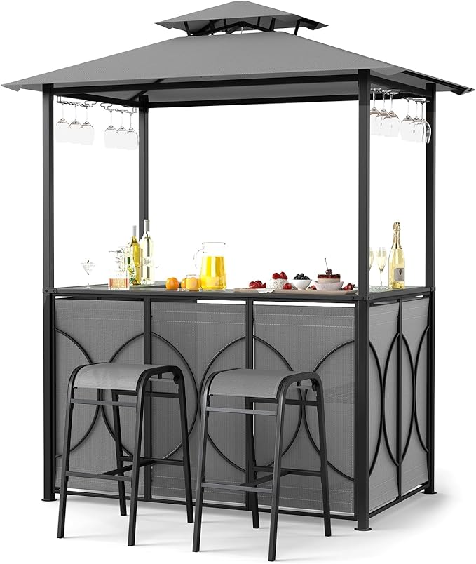 Tangkula 3-Piece Patio Bar Set, Grill Gazebo & 2 Bar Stools with Tempered Glass Bar Table, Metal Storage Shelves, Glass Holders, Double-Tier Soft Top Canopy BBQ Gazebo Shelter for Patio Garden (Grey)