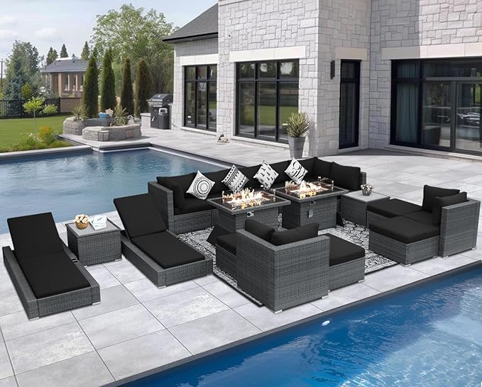 NICESOUL 18 Piece Outdoor Sectional with Fire Pit Table, 29.3'' High Back Extra Large Patio Furniture Set with Firepit & Chaise Lounge, 14-Person Outdoor Sofa Conversation Couch, Grey & Black