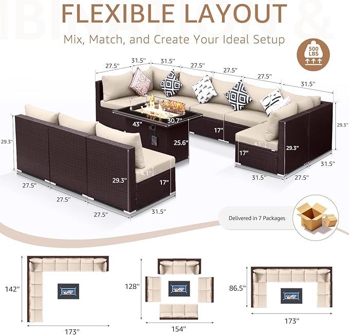 NICESOUL Modern Luxury Outdoor Patio Sectional Furniture Set with Fire Pit Table, Large Size PE Brown Wicker 29.3'' High Back Conversation Set with Natural Gas/Propane Fireplace, 11 Pieces 10 Seats